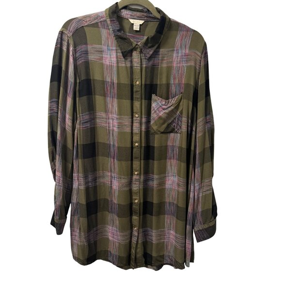 Cato Plaid Button Down Shirt Olive Green Pink Sz 18/20W - Picture 5 of 12